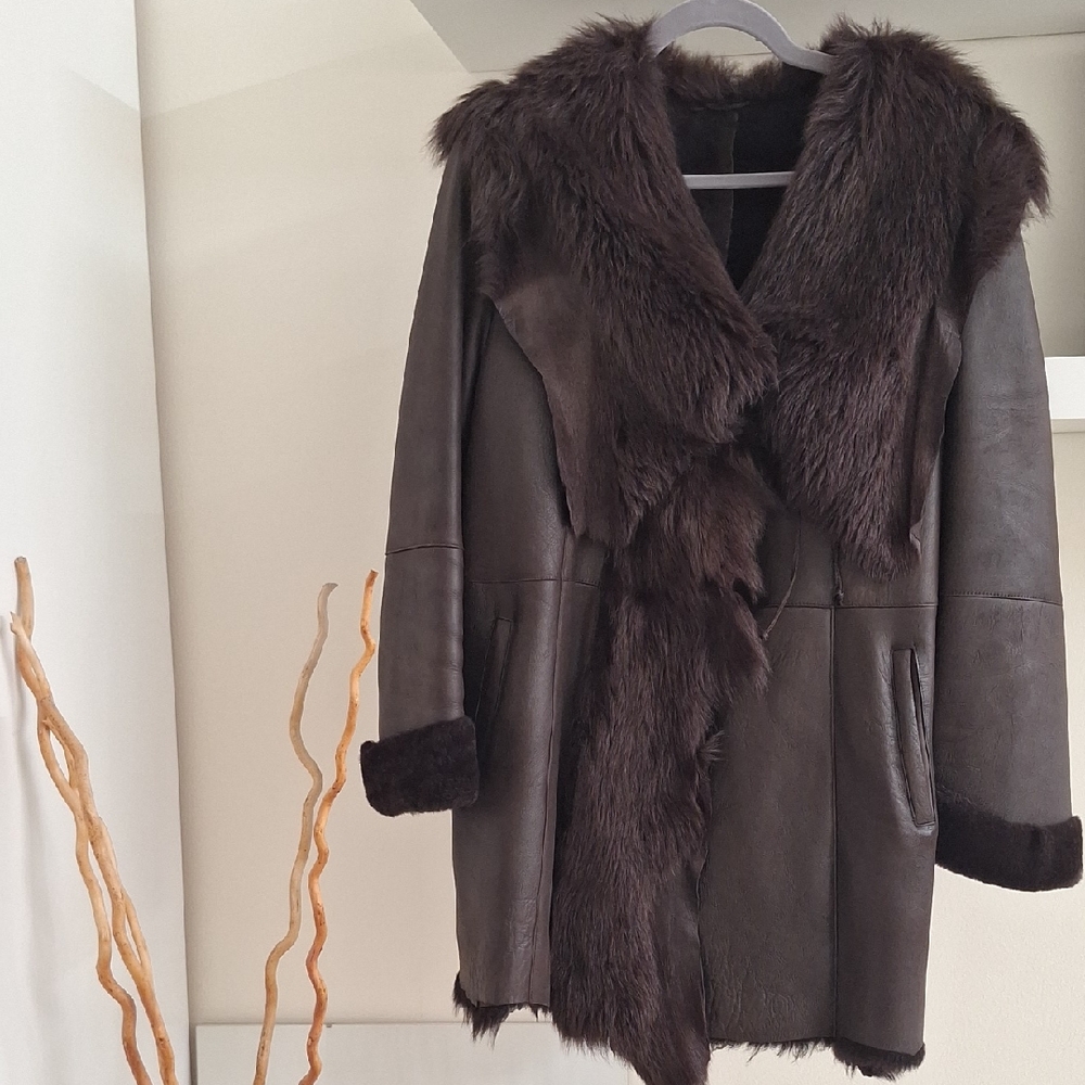 Via Veneto Dark Brown Spanis Lamb Shearling Jacket With Fur Collar Size L